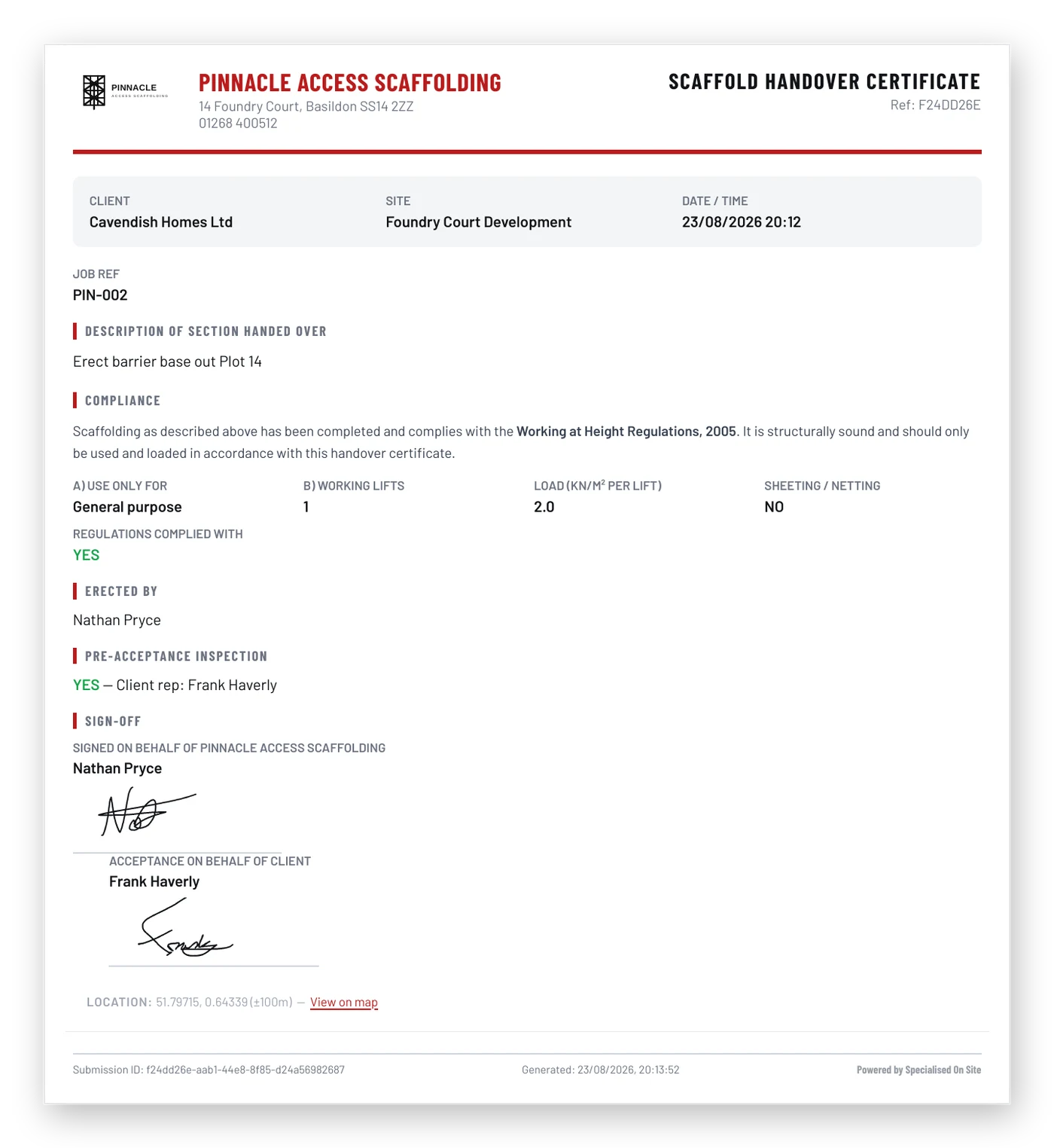 Handover certificate branded for Pinnacle Access Scaffolding