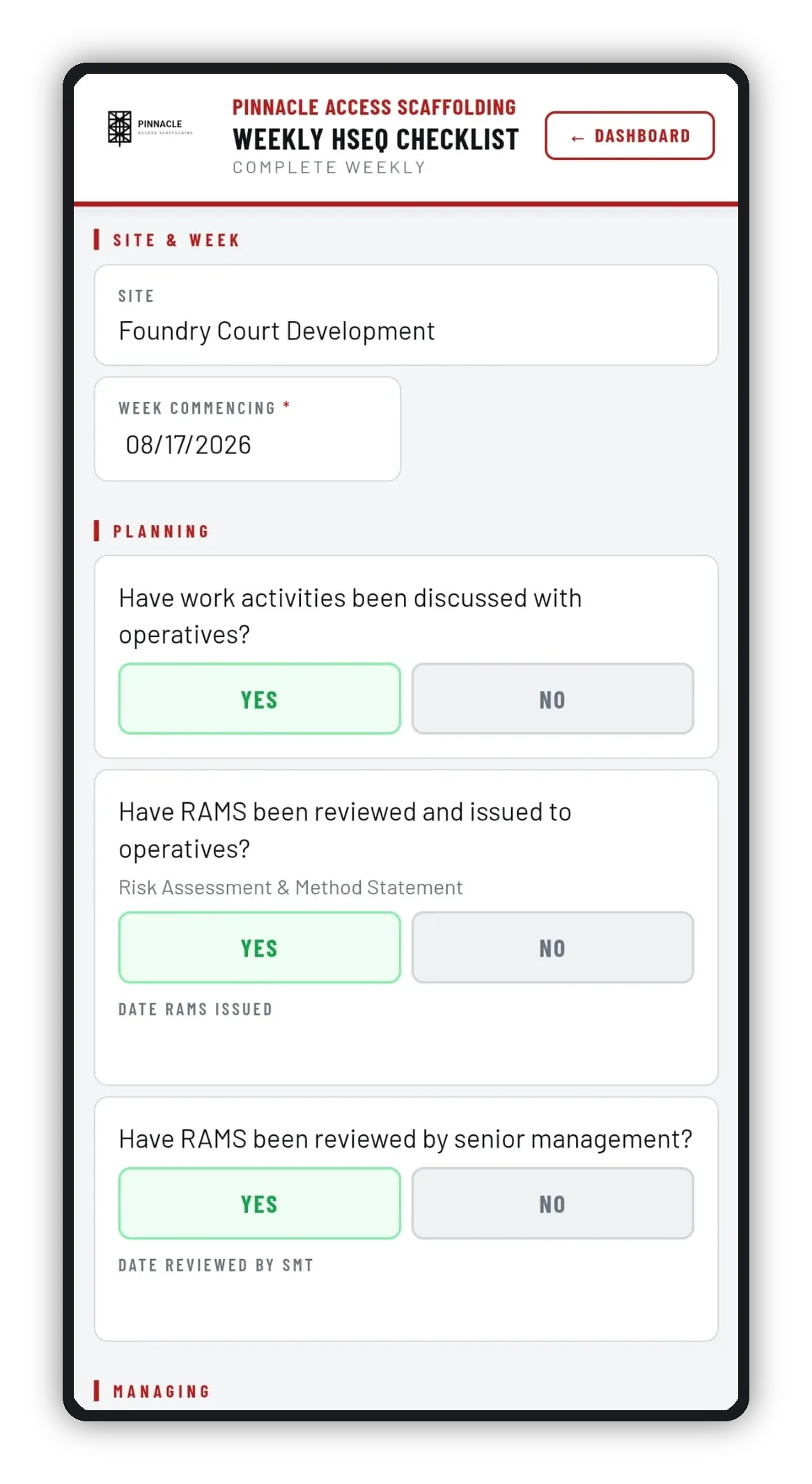 Weekly HSEQ checklist on a phone